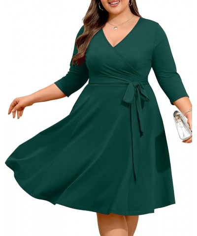 Women's Plus Size Faux Wrap V Neck 3/4 Sleeve Fit and Flare Wedding Guest Casual Party Midi Dress Green $11.76 Dresses