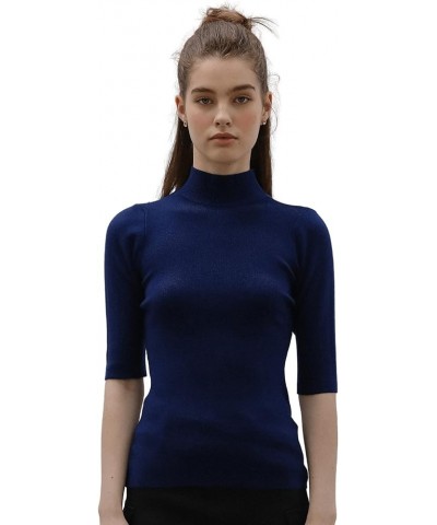 Womens Pullover Sweater Short Sleeve Elastic Soft Knitwear Slim Fit Tops Dark Navy $13.74 Sweaters