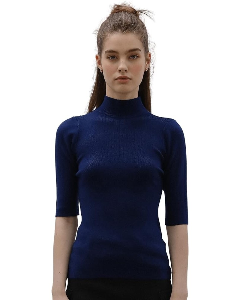 Womens Pullover Sweater Short Sleeve Elastic Soft Knitwear Slim Fit Tops Dark Navy $13.74 Sweaters