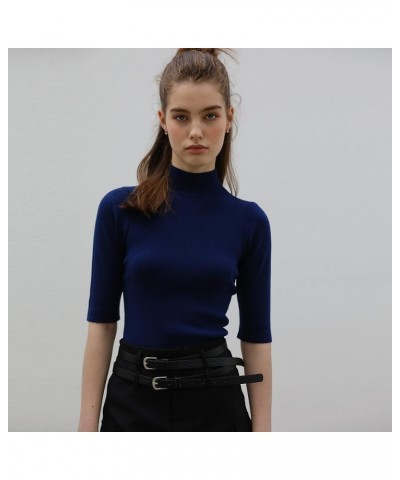 Womens Pullover Sweater Short Sleeve Elastic Soft Knitwear Slim Fit Tops Dark Navy $13.74 Sweaters