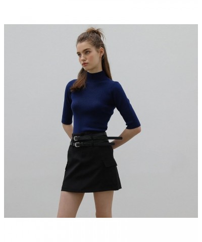 Womens Pullover Sweater Short Sleeve Elastic Soft Knitwear Slim Fit Tops Dark Navy $13.74 Sweaters