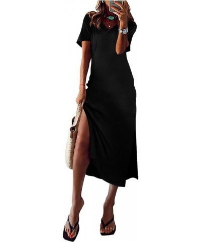 Women 2024 Casual Maxi Dress Short Sleeve V Neck Stripe Sundress Split Loose Long Summer Beach T Shirt Dresses B-solid Black ...