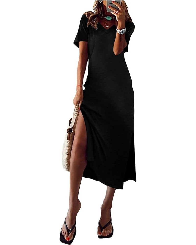 Women 2024 Casual Maxi Dress Short Sleeve V Neck Stripe Sundress Split Loose Long Summer Beach T Shirt Dresses B-solid Black ...