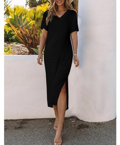 Women 2024 Casual Maxi Dress Short Sleeve V Neck Stripe Sundress Split Loose Long Summer Beach T Shirt Dresses B-solid Black ...