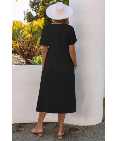 Women 2024 Casual Maxi Dress Short Sleeve V Neck Stripe Sundress Split Loose Long Summer Beach T Shirt Dresses B-solid Black ...