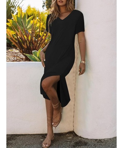 Women 2024 Casual Maxi Dress Short Sleeve V Neck Stripe Sundress Split Loose Long Summer Beach T Shirt Dresses B-solid Black ...