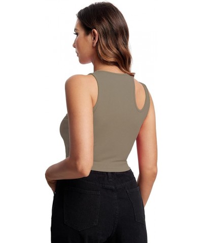 Women's Cut Out Sleeveless Round Neck Rib Knit Solid Crop Tank Top Mocha Brown $9.62 Tanks