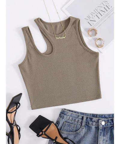 Women's Cut Out Sleeveless Round Neck Rib Knit Solid Crop Tank Top Mocha Brown $9.62 Tanks