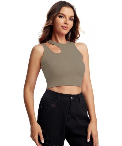 Women's Cut Out Sleeveless Round Neck Rib Knit Solid Crop Tank Top Mocha Brown $9.62 Tanks