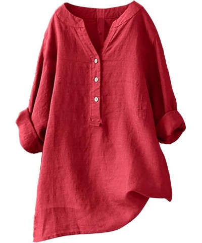 Long Sleeve Shirts for Women Oversized Solid V Neck Button Tshirts Plus Size Tops Dressy Casual Loose Fashion Blouses 1-red $...