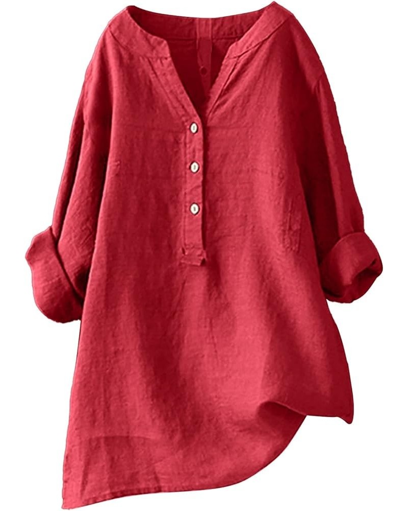 Long Sleeve Shirts for Women Oversized Solid V Neck Button Tshirts Plus Size Tops Dressy Casual Loose Fashion Blouses 1-red $...