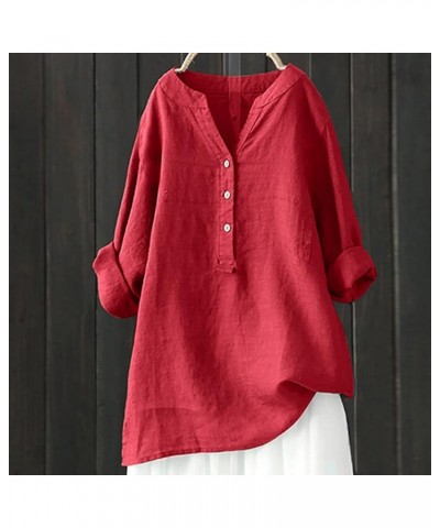 Long Sleeve Shirts for Women Oversized Solid V Neck Button Tshirts Plus Size Tops Dressy Casual Loose Fashion Blouses 1-red $...