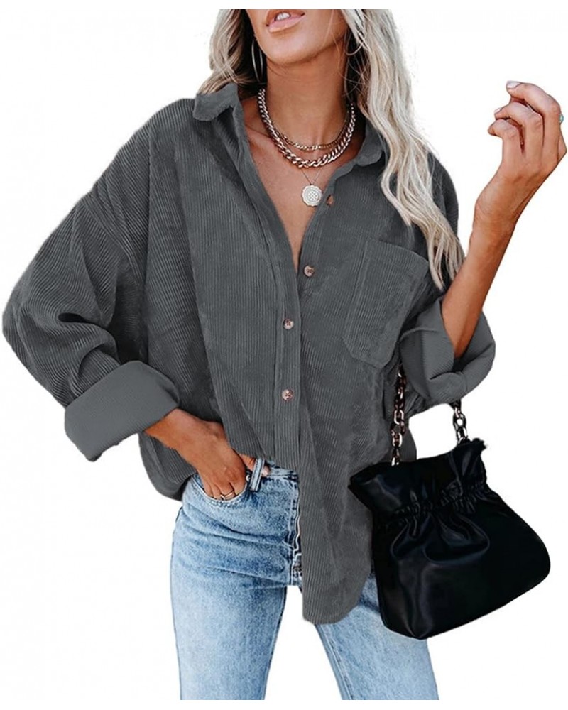 Womens Corduroy Shirts Long Sleeve Boyfriend Oversized Button Down Blouses Tops Casual Loose Jacket with Pockets Dark Gray $2...