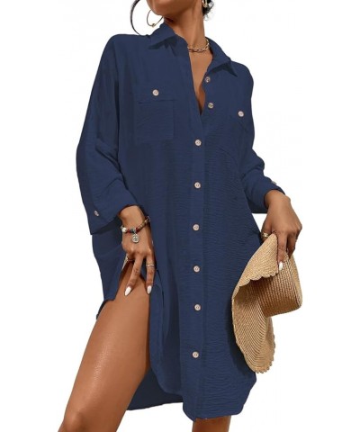 Womens Modern Swimsuit Cover Up Blouse Button Down Shirt Dresses Tops Navy Blue $14.40 Swimsuits