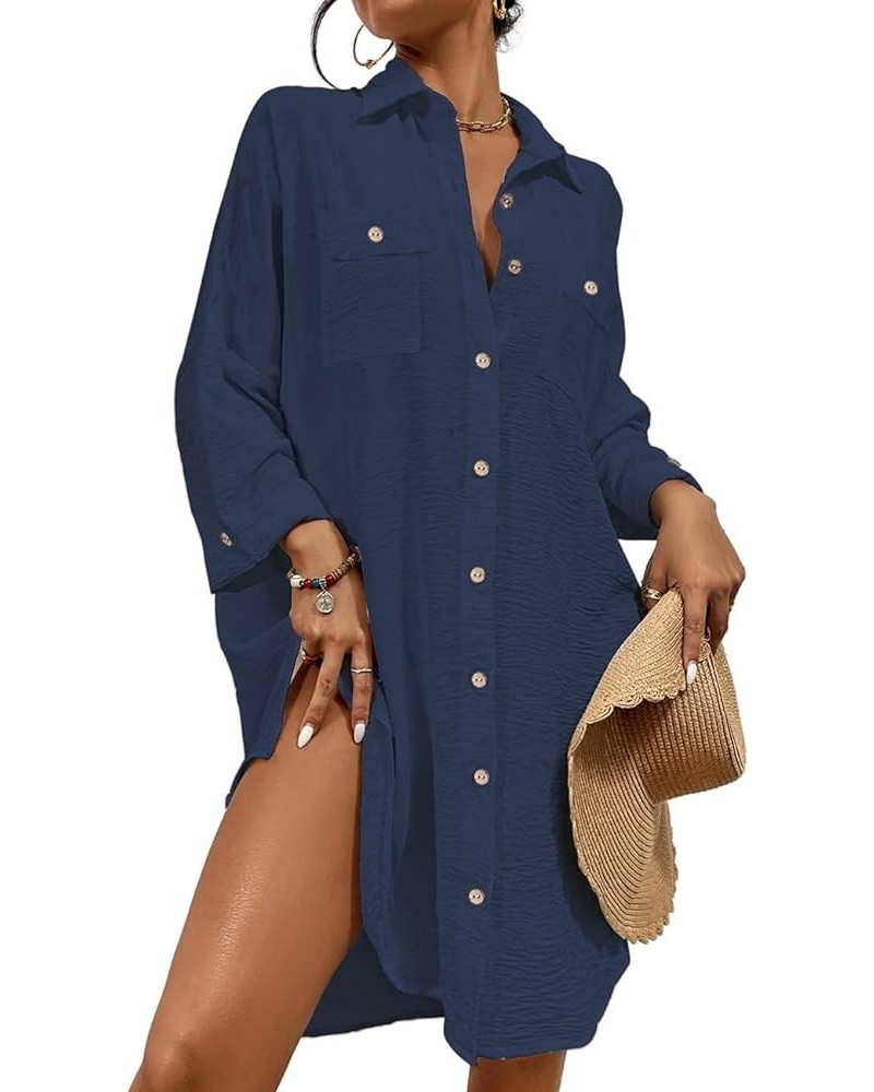 Womens Modern Swimsuit Cover Up Blouse Button Down Shirt Dresses Tops Navy Blue $14.40 Swimsuits