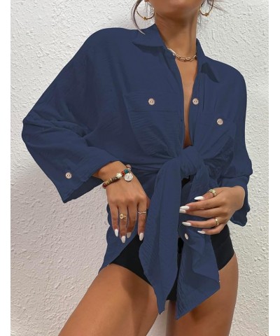 Womens Modern Swimsuit Cover Up Blouse Button Down Shirt Dresses Tops Navy Blue $14.40 Swimsuits