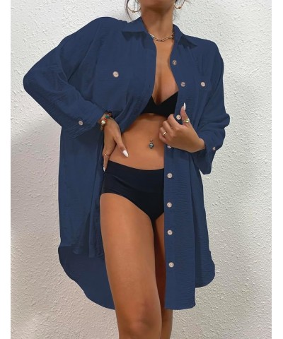 Womens Modern Swimsuit Cover Up Blouse Button Down Shirt Dresses Tops Navy Blue $14.40 Swimsuits