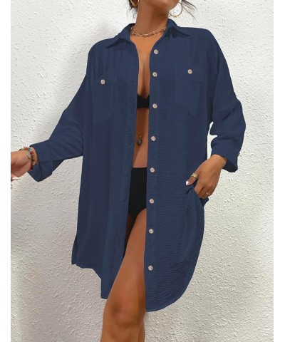 Womens Modern Swimsuit Cover Up Blouse Button Down Shirt Dresses Tops Navy Blue $14.40 Swimsuits