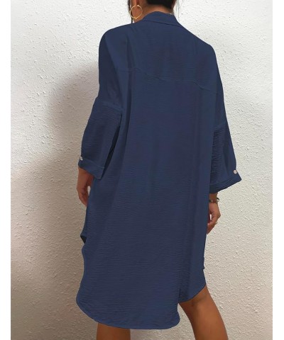 Womens Modern Swimsuit Cover Up Blouse Button Down Shirt Dresses Tops Navy Blue $14.40 Swimsuits