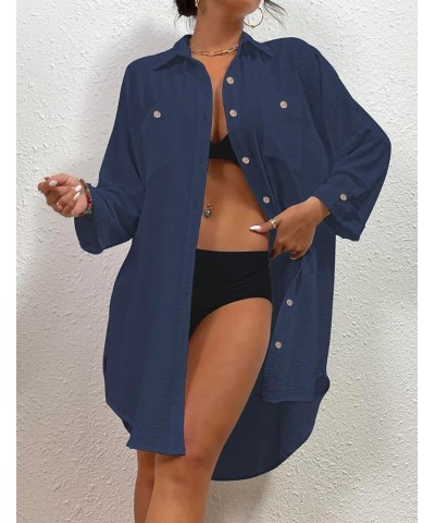 Womens Modern Swimsuit Cover Up Blouse Button Down Shirt Dresses Tops Navy Blue $14.40 Swimsuits