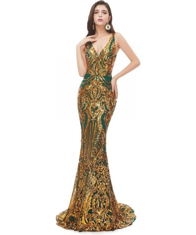 Women's Double V-Neck Sequins Lace-up Mermaid Evening Dress Green+gold $51.30 Dresses