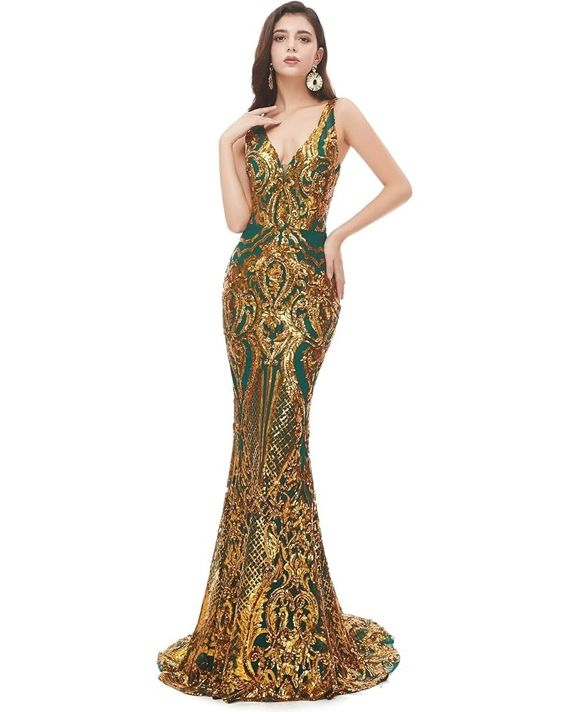 Women's Double V-Neck Sequins Lace-up Mermaid Evening Dress Green+gold $51.30 Dresses