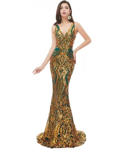 Women's Double V-Neck Sequins Lace-up Mermaid Evening Dress Green+gold $51.30 Dresses