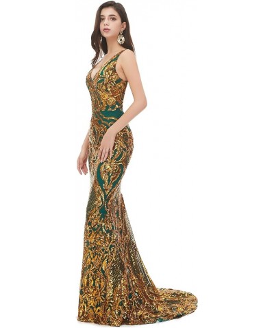 Women's Double V-Neck Sequins Lace-up Mermaid Evening Dress Green+gold $51.30 Dresses