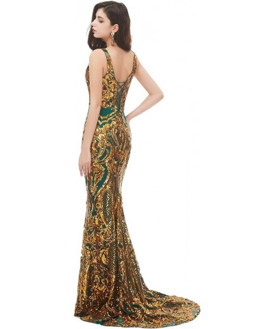 Women's Double V-Neck Sequins Lace-up Mermaid Evening Dress Green+gold $51.30 Dresses