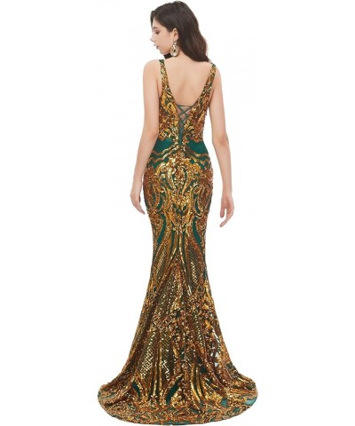 Women's Double V-Neck Sequins Lace-up Mermaid Evening Dress Green+gold $51.30 Dresses