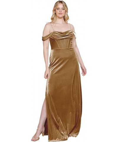 Velvet Off Shoulder Long Bridesmaid Dresses Cowl Neck Formal Gowns Evening Dress with Slit Brown $23.65 Dresses