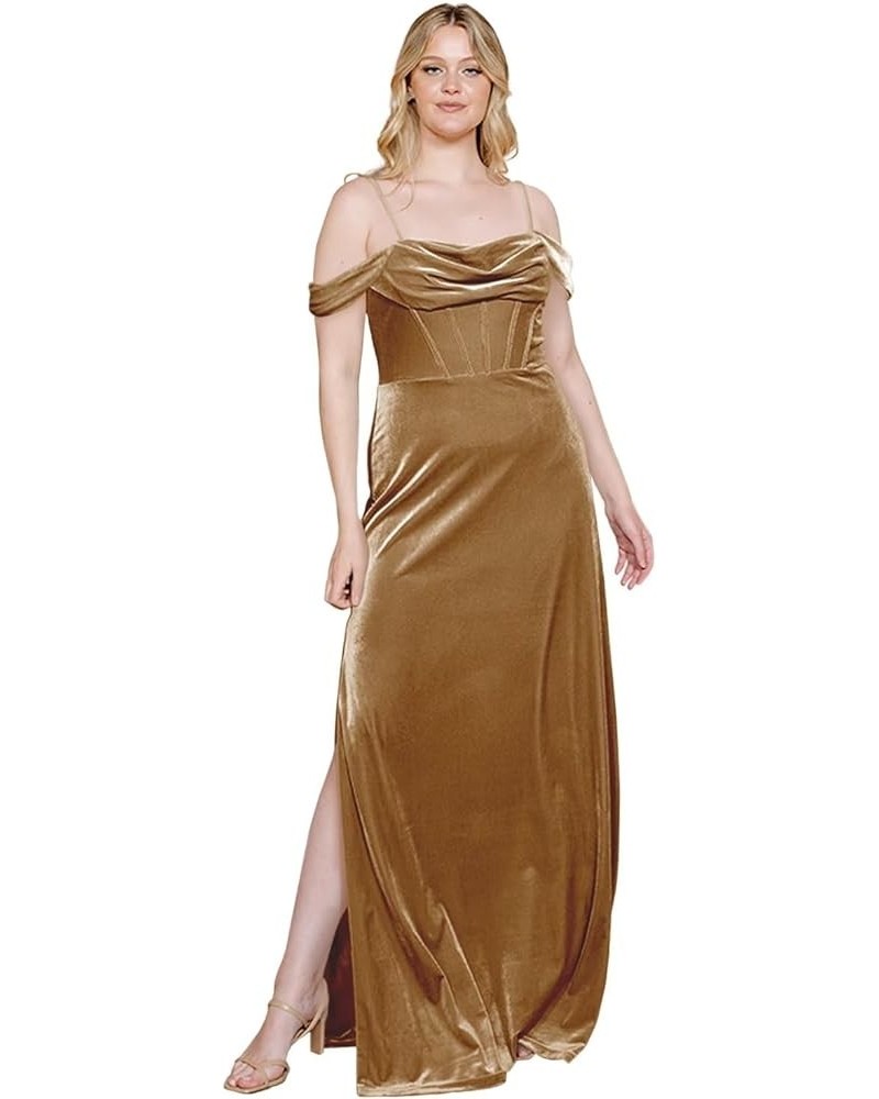 Velvet Off Shoulder Long Bridesmaid Dresses Cowl Neck Formal Gowns Evening Dress with Slit Brown $23.65 Dresses