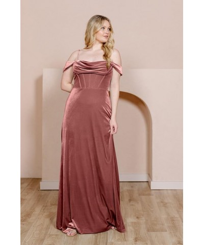 Velvet Off Shoulder Long Bridesmaid Dresses Cowl Neck Formal Gowns Evening Dress with Slit Brown $23.65 Dresses