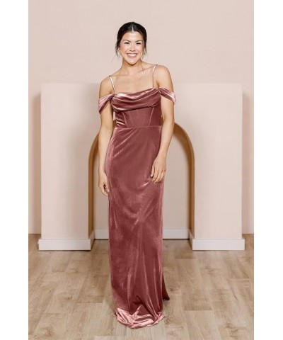 Velvet Off Shoulder Long Bridesmaid Dresses Cowl Neck Formal Gowns Evening Dress with Slit Brown $23.65 Dresses