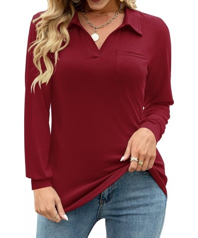 Womens V Neck Polo Shirts Short Sleeve Collared Tops Loose Casual Tunic Blouses with Pocket Z Long Sleeve- Red $21.16 Tops