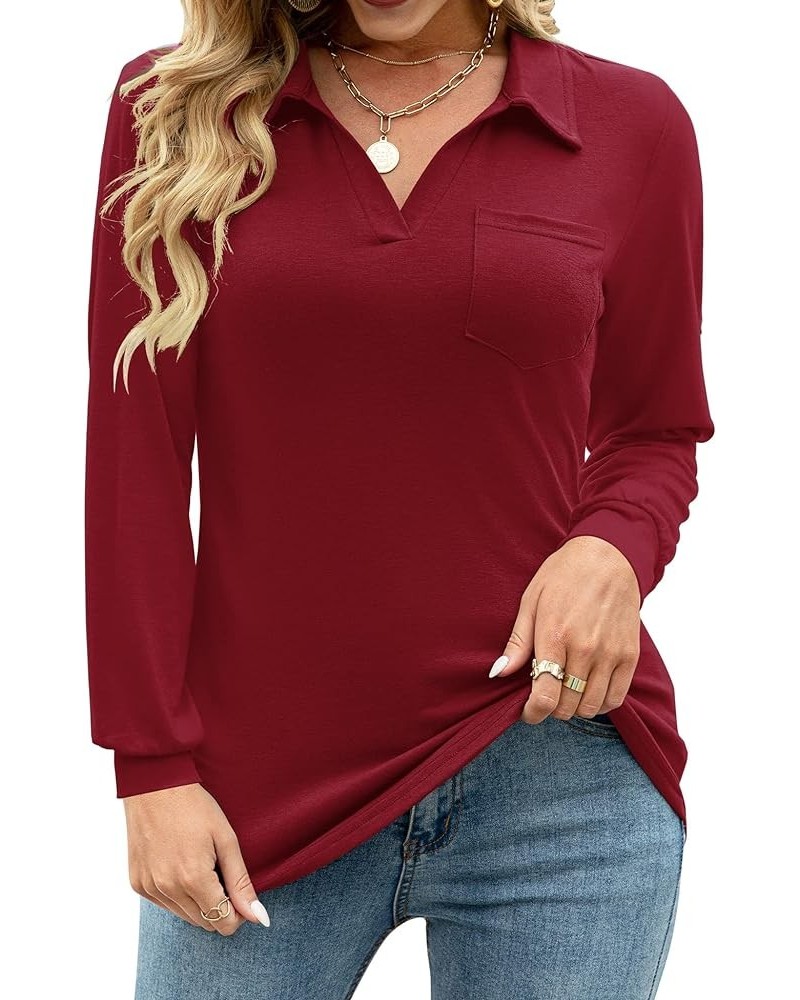 Womens V Neck Polo Shirts Short Sleeve Collared Tops Loose Casual Tunic Blouses with Pocket Z Long Sleeve- Red $21.16 Tops