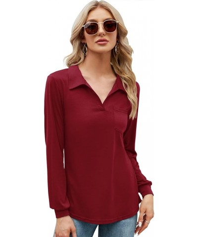 Womens V Neck Polo Shirts Short Sleeve Collared Tops Loose Casual Tunic Blouses with Pocket Z Long Sleeve- Red $21.16 Tops