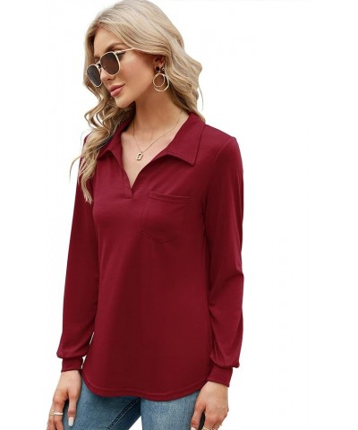 Womens V Neck Polo Shirts Short Sleeve Collared Tops Loose Casual Tunic Blouses with Pocket Z Long Sleeve- Red $21.16 Tops