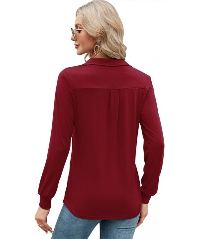 Womens V Neck Polo Shirts Short Sleeve Collared Tops Loose Casual Tunic Blouses with Pocket Z Long Sleeve- Red $21.16 Tops