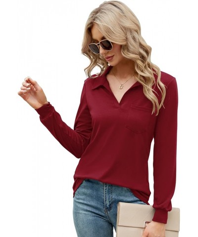 Womens V Neck Polo Shirts Short Sleeve Collared Tops Loose Casual Tunic Blouses with Pocket Z Long Sleeve- Red $21.16 Tops