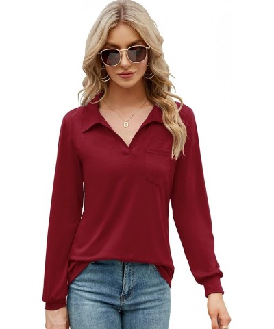 Womens V Neck Polo Shirts Short Sleeve Collared Tops Loose Casual Tunic Blouses with Pocket Z Long Sleeve- Red $21.16 Tops