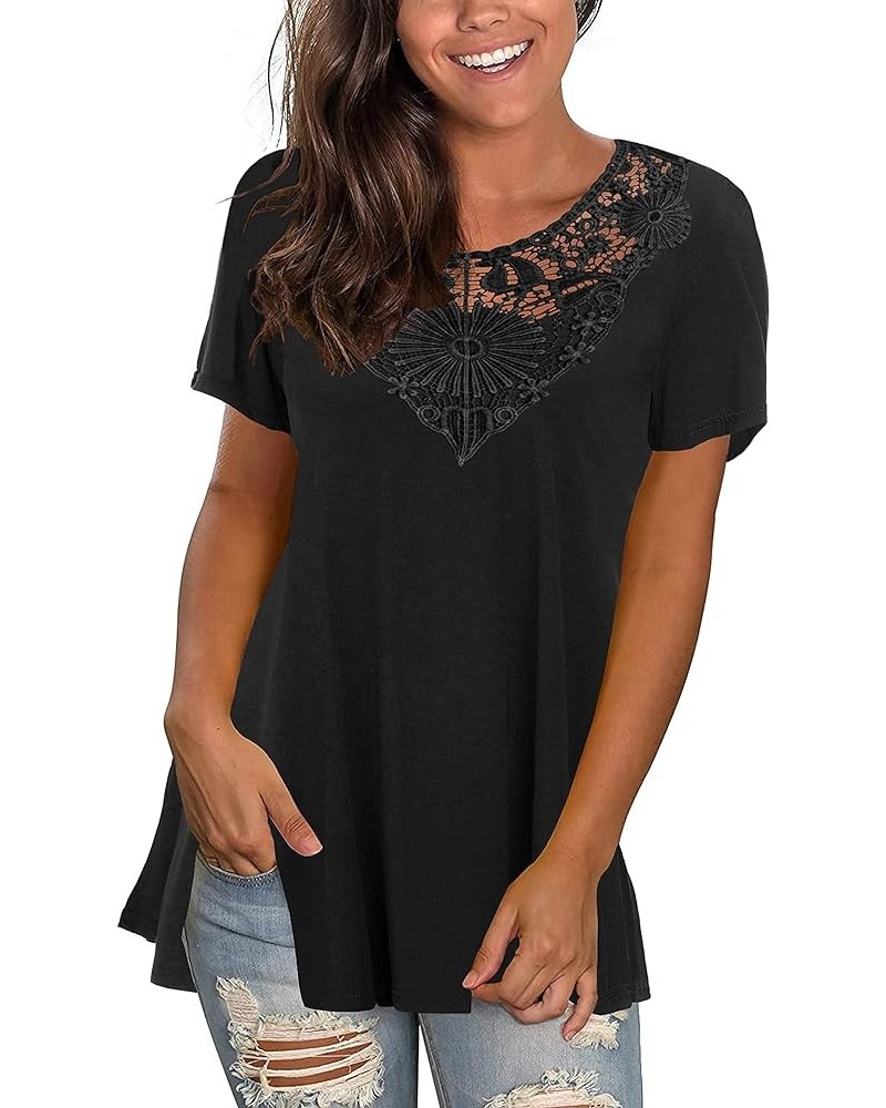 Short Sleeve Tunics For Women Loose Lace Tops For Leggings Black $10.12 Tops