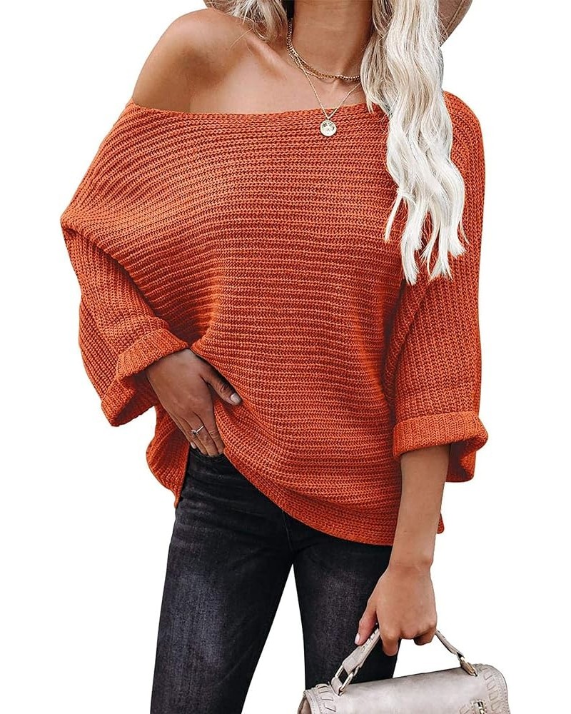 Women's 2024 Fall Winter Off Shoulder Sweaters Batwing 3/4 Sleeve Casual Loose Fit Solid Knit Pullover Jumper Red $13.99 Swea...