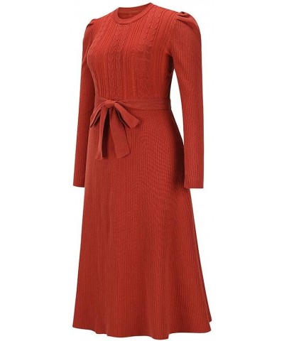 Women's Crewneck Long Sleeve Knit Long dress Elasticity Slim Fit Sweater Dress Pure color belt autumn and winter Red $20.93 S...