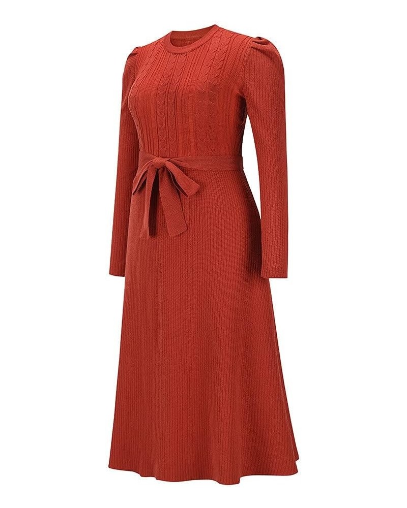 Women's Crewneck Long Sleeve Knit Long dress Elasticity Slim Fit Sweater Dress Pure color belt autumn and winter Red $20.93 S...