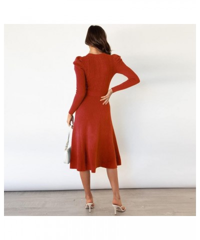 Women's Crewneck Long Sleeve Knit Long dress Elasticity Slim Fit Sweater Dress Pure color belt autumn and winter Red $20.93 S...