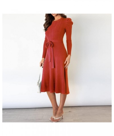 Women's Crewneck Long Sleeve Knit Long dress Elasticity Slim Fit Sweater Dress Pure color belt autumn and winter Red $20.93 S...