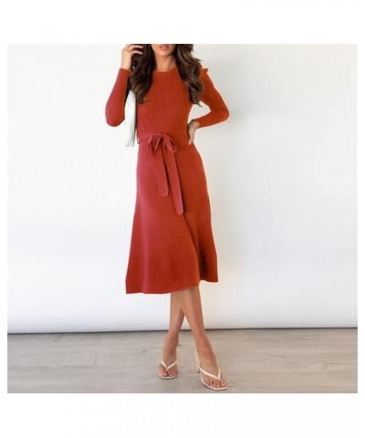 Women's Crewneck Long Sleeve Knit Long dress Elasticity Slim Fit Sweater Dress Pure color belt autumn and winter Red $20.93 S...