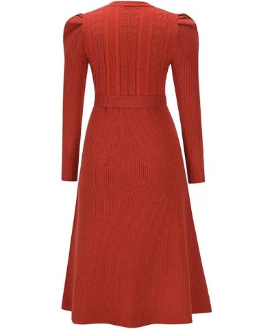 Women's Crewneck Long Sleeve Knit Long dress Elasticity Slim Fit Sweater Dress Pure color belt autumn and winter Red $20.93 S...