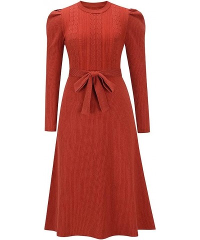 Women's Crewneck Long Sleeve Knit Long dress Elasticity Slim Fit Sweater Dress Pure color belt autumn and winter Red $20.93 S...